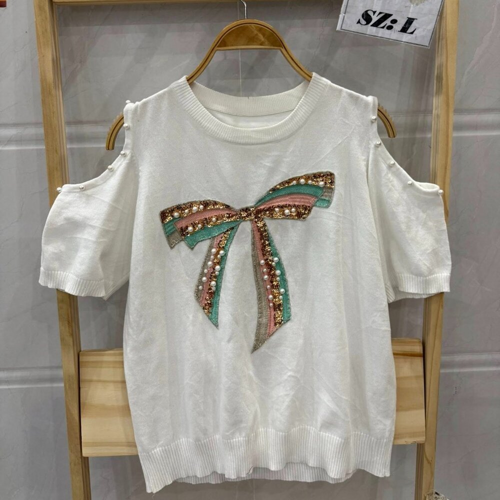 White Pearl Sequin Bow Cold Shoulder Knit Top 🎀